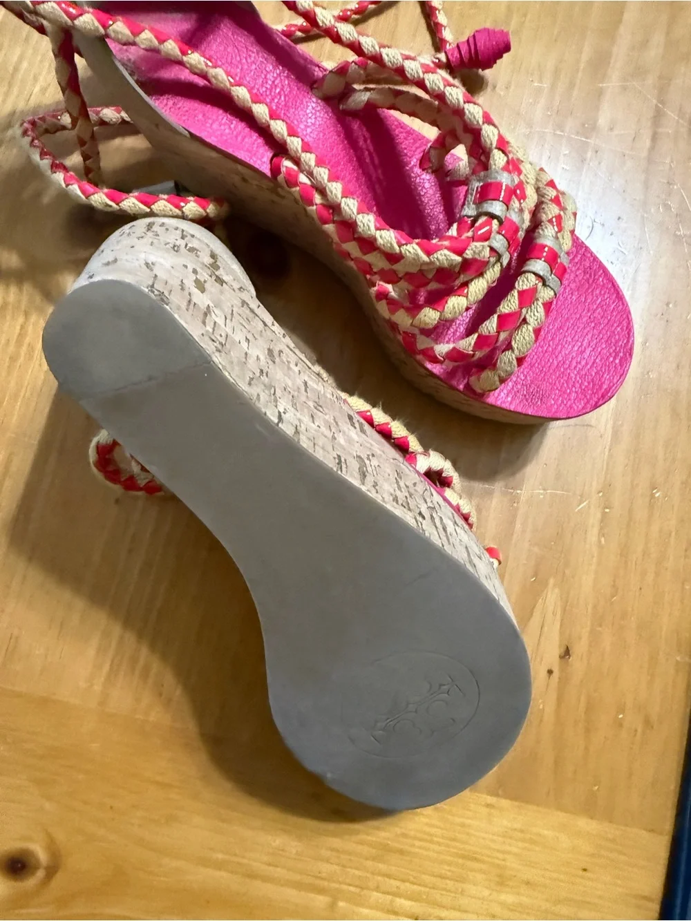 Tory Burch Bright Pink Braided Lace-Up Sandals with Tan Braids